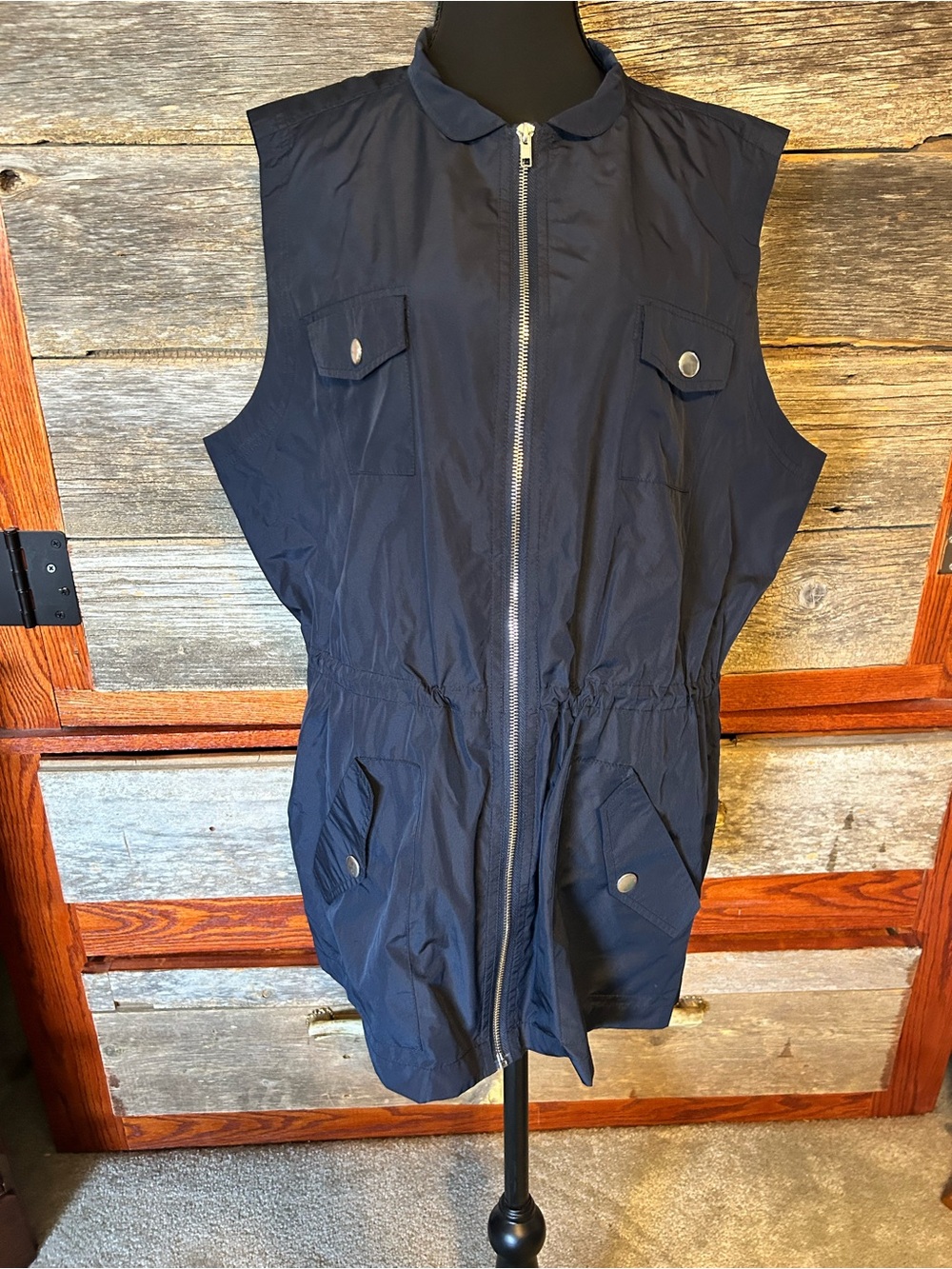 Basic Editions Navy Jacket Vest Rain Zipper Pockets Adjustable Waste Size XL